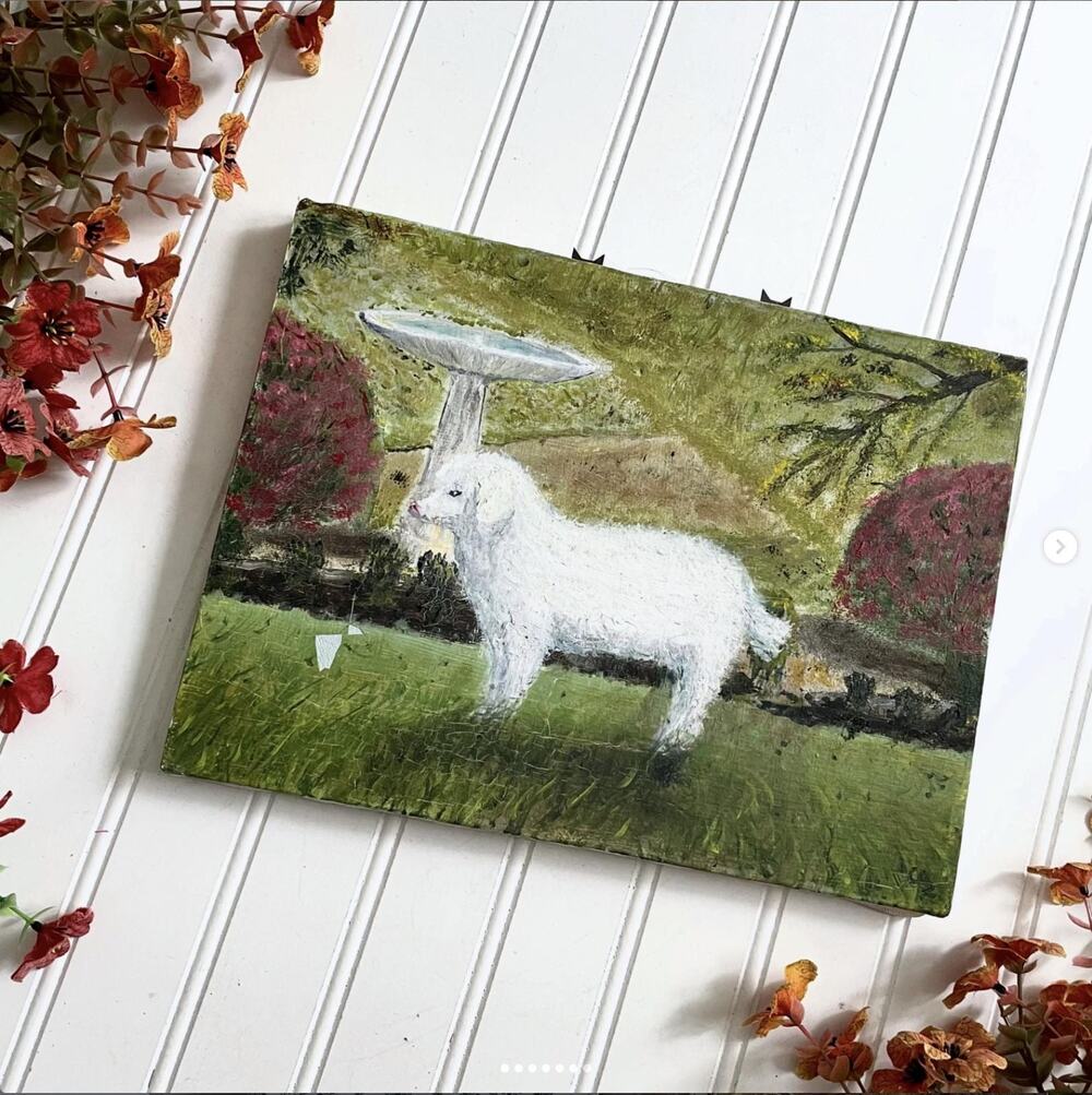 Vintage Stretched Canvas Painting White Dog Green Landscape Unframed